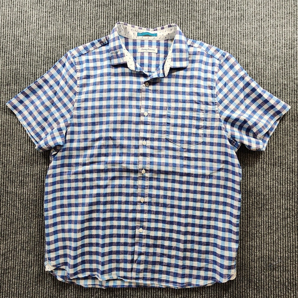Tommy Bahama  Linen Shirt Mens Large Blue Check Short Sleeve Button Up